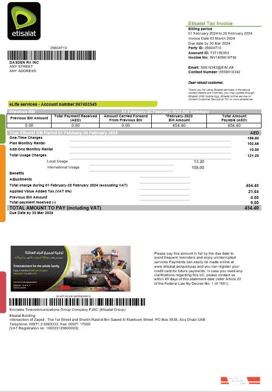 UAE Etisalat business utility bill template in Word and PDF formats
